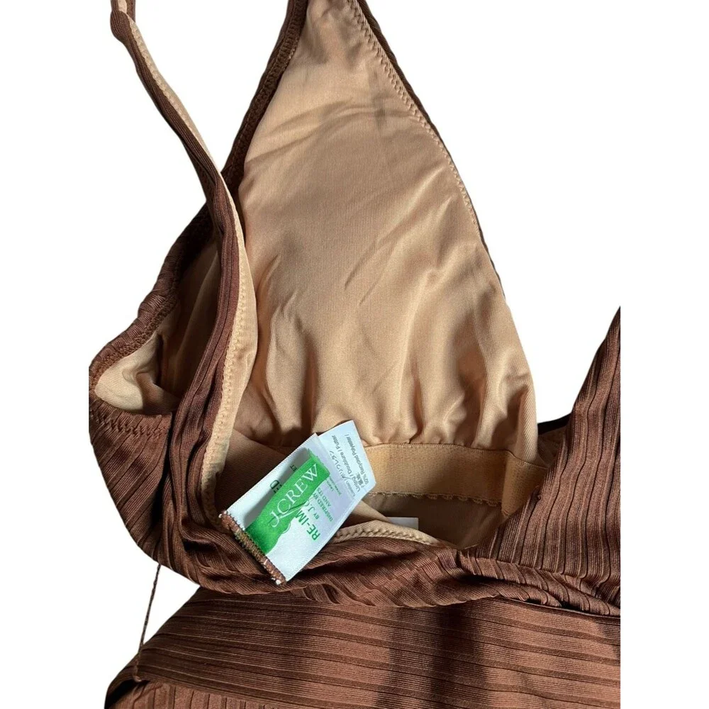 J.Crew NEW Wide Rib Belted One Piece Swimsuit Brown US 8 V Neck Beach Resortwear